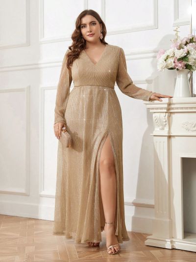 SHEIN Belle Plus Size High Slit V-Neck Satin Fabric Evening Party Dress