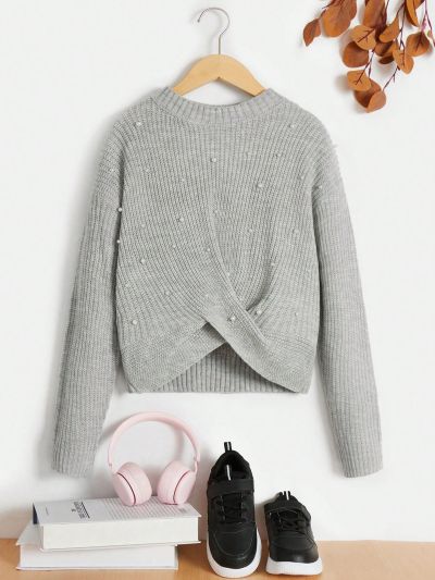 Teen Girls' Casual Loose Fit Long Sleeve Round Neck Beaded Crisscross Wrap Sweater