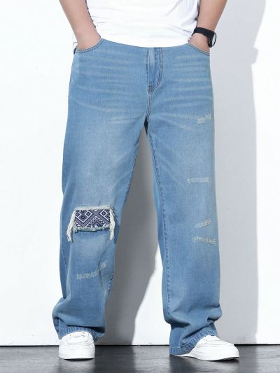 Extended Sizes Men's Plus Size Straight Leg Jeans With Geometric Patchwork Design