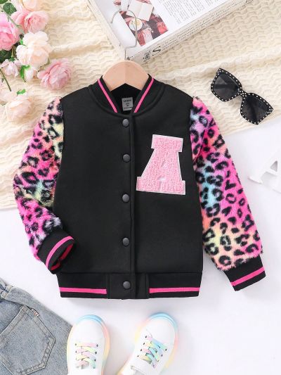 Girls casual and fashionable leopard print coral velvet contrast embroidered baseball collar long-sleeved jacket suitable for winter