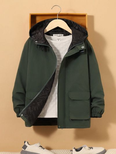 SHEIN Tween Boy Flap Pocket Hooded Winter Coat