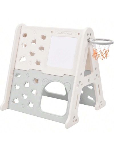 Merax 5-in-1 Toddler Climber Basketball Hoop Set Kids Playground Climber Playset with Tunnel, Climber, Whiteboard,Toy Building Block Baseplates, Combination for Babies