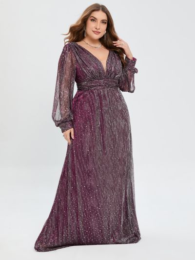 Plus Plunging Neck Lantern Sleeve Glitter Formal Dress