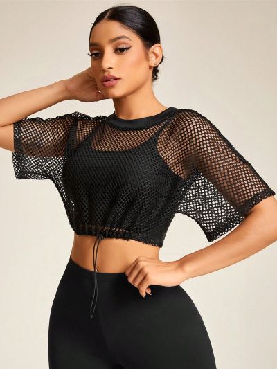 SHEIN Daily&Casual Drawstring Hem Cropped Fishnet Sports Sweatshirt