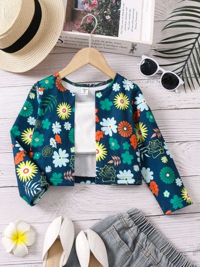 SHEIN Kids SUNSHNE Young Girls' Casual Floral Vacation Style Short Open Jacket For Spring And Autumn