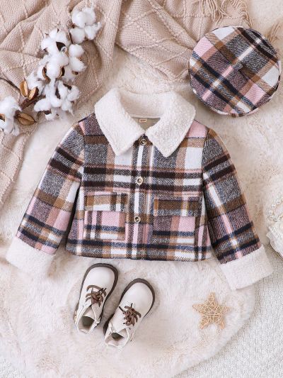Young Girl Plaid Print Borg Collar Flap Pocket Overcoat With Hat