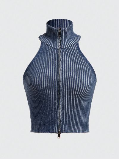 ROMWE PUNK Women's Crop Knit Top With High Neck