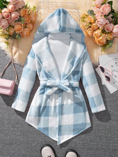 Tween Girls Plaid Hooded Warm Plush Jacket With Belt