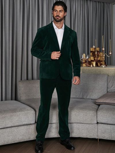 Men Plus Single Button Velvet Blazer & Pants