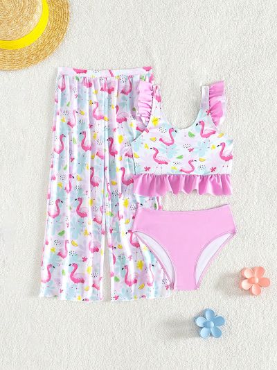 3pcs/Set Little Girls' Cartoon Printed Ruffle Trimmed Tankini Swimsuit Set