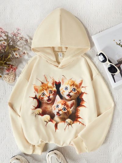 SHEIN Kids CHARMNG Girls' Hoodie With Cute Cat Print, For Tween
