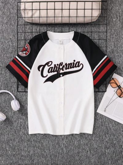 SHEIN Teen Girls' Woven Patchwork Letter Print Casual Shirt