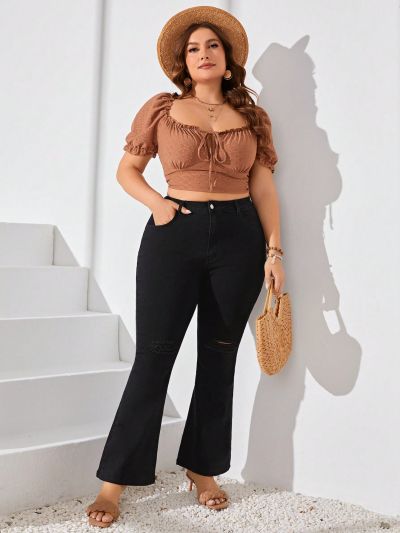 Plus Size Solid Color Flare Jeans With Ripped Details