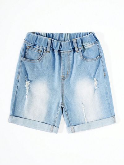 SHEIN Boys' Elastic Waist Mid-Rise Cuffed Denim Shorts, Tween