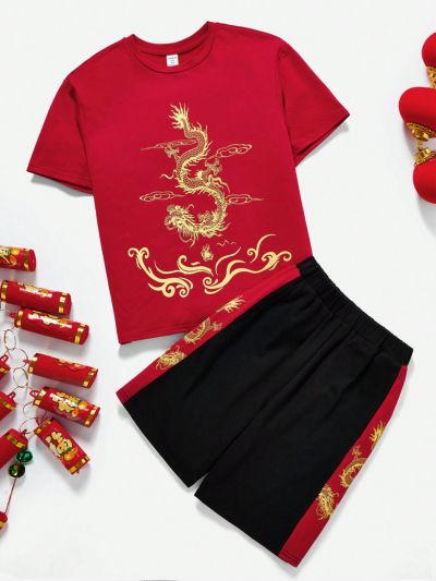 SHEIN Teen Boys' Loose Fit Casual Short Sleeve T-shirt And Wide-leg Pants Set With Chinese Style Print