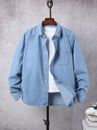 Teen Boy Light Blue Outdoor Simple Denim Jacket With Washed Design