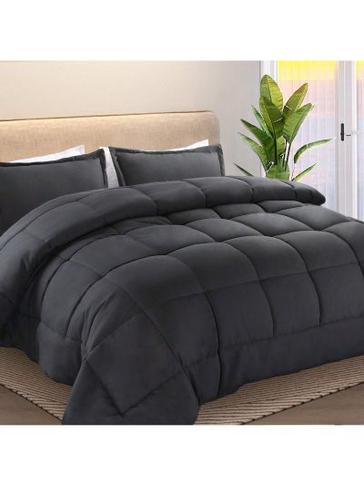 All Season Queen Size Soft Quilted Down Alternative Comforter Reversible Duvet Insert with Corner Tabs,Winter Summer Warm Fluffy,Dark Grey