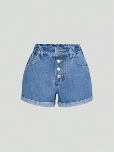 Tween Girls' Denim Shorts With Multiple Buttons And Rolled Hem In Washed Blue Color