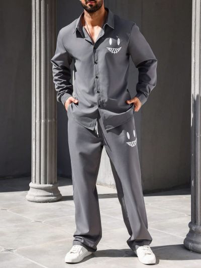 Manfinity Homme Men'S Plus Size Cartoon Printed Long Sleeve Shirt And Pants Two Piece Set