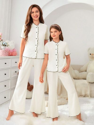 Ladies' New Fashion, Simple And Casual, White, Loose Long Pants Short Sleeve Buttoned Top, 2-Piece, Home Wear