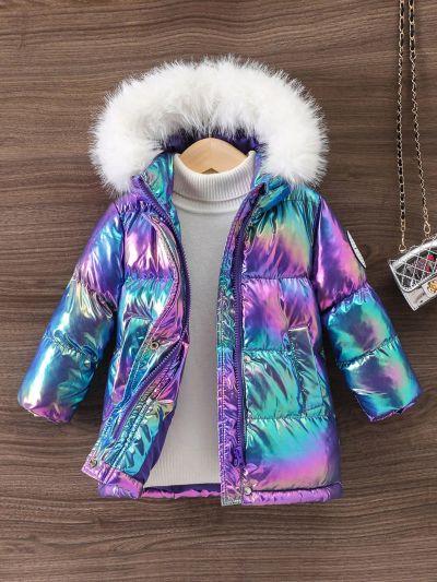SHEIN Baby Girl Holographic Fuzzy Trim Hooded Puffer Coat Without Sweater