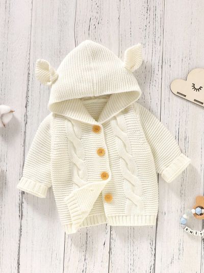 Baby Boy Cable Knit 3D Ear Patched Hooded Cardigan