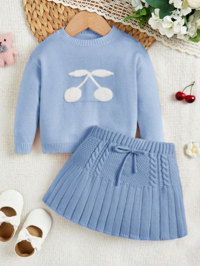 SHEIN Infant Girls' Cherry Patterned Knitted Sweater And Knotted Skirt Set