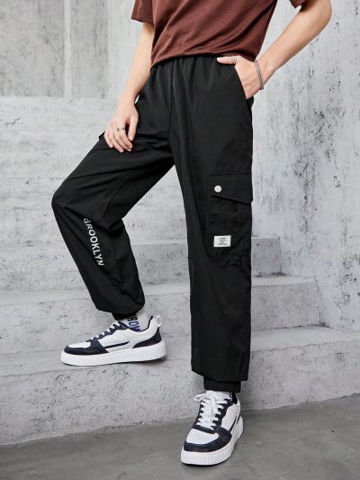 Teenage Boys' Letter Print Overalls With Pockets