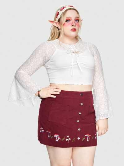 ROMWE Fairycore Plus Size Women's Solid Color Tie Strap Bell Sleeve Cropped Top