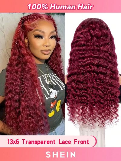 13*6 Transparent Lace Front Wig 18-30inch Burgundy Deep Wave Human Hair Wigs With Baby Hair Pre Plucked For Women