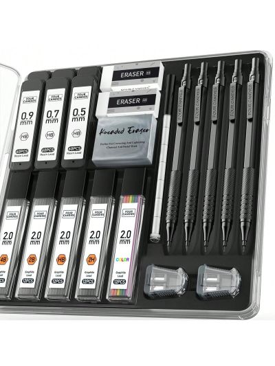 Mechanical Pencil Set Black, 3PCS Metal Lead Pencils 0.5, 0.7, 0.9MM & 2PCS 2MM Art Drafting Pencil Set (4B 2B HB 2H Color) with 420PCS Refills for Writing Sketching Drawing