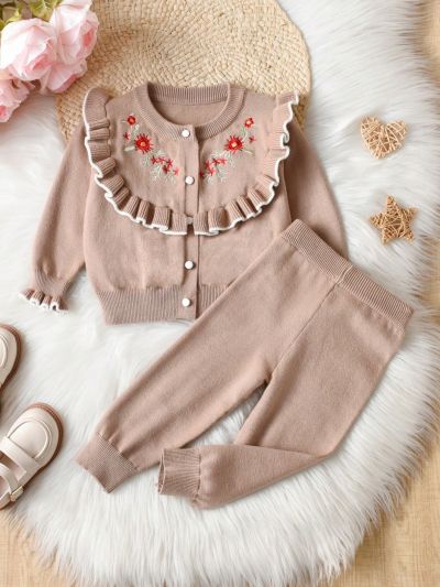 Infant Girls' Floral Embroidered Ruffle Hem Cardigan And Knitted Pants Set