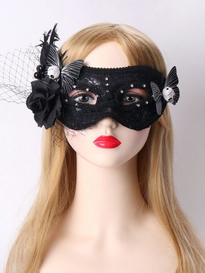 1pc Ladies' Black Lace Mask With Butterfly & Black Rose & Poultry Feather & Large Hole Net Yarn & Black Berry For Party, Cosplay And Halloween Decoration