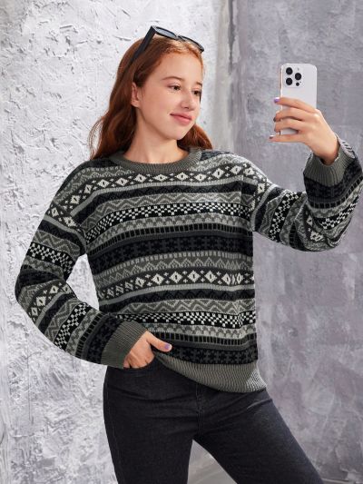 Teenage Girls' Geometric Pattern Long Sleeve Sweater