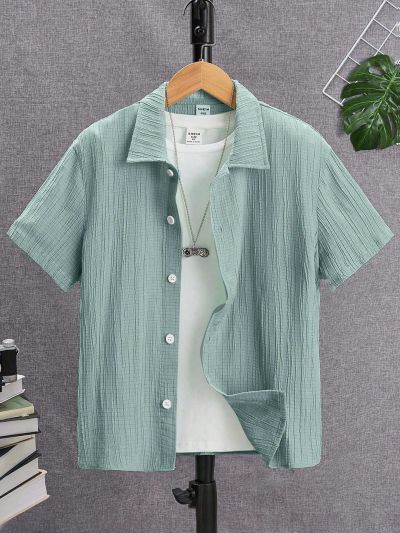 SHEIN Teen Boy'S Casual Texture Fabric Short Sleeve Shirt, Versatile And Fashionable Light Green