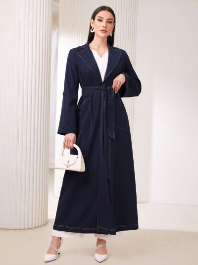SHEIN Najma Contrast Stitching Decor Belted Abaya