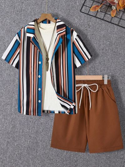 Teen Boys' Striped Short Sleeve Shirt 2pcs/Set