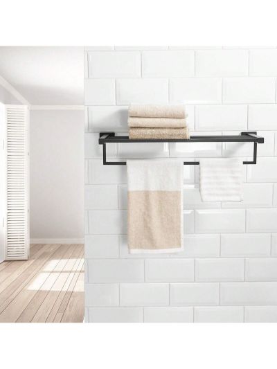 BESy 1pc 22.2-Inch SUS 304 Stainless Steel Towel Racks Holder for Bathroom, Bathroom Shelf with Towel Bar, Multifunction Single Towel Bar Hotel Style, Bathroom Accessories Screw Wall Mount, Matte Black Finish