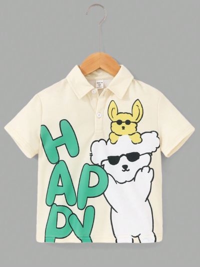SHEIN Young Boy Cartoon Dog & Letter Print Short Sleeve Polo Shirt