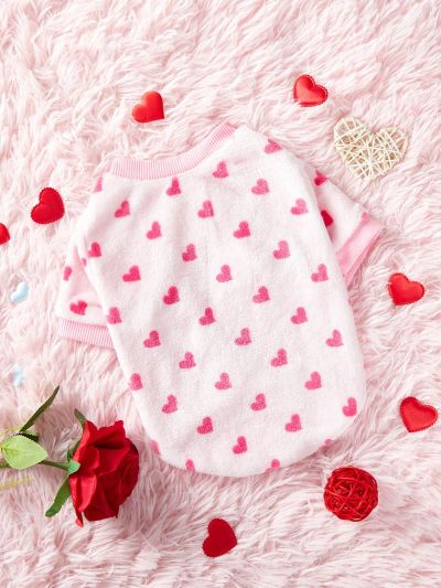 PETSIN 1pc Coral Fleece Pink Heart Print Pet Sweatshirt, Warm And Hat-Free, Suitable For Cats And Dogs
