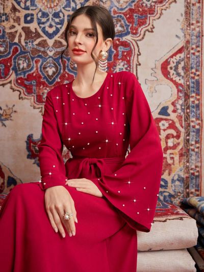 SHEIN Najma Women's Pearl Beaded Flare Sleeve Dress