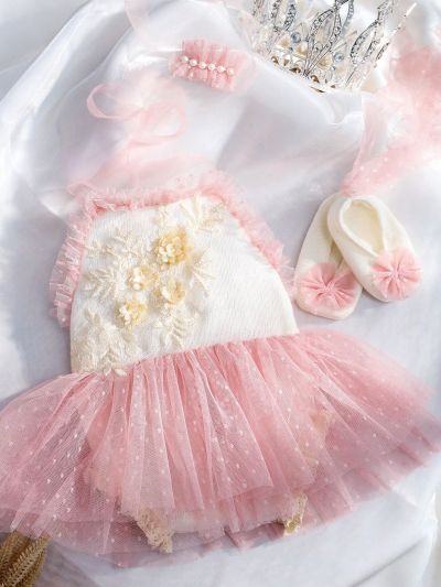 Newborn Baby Girl 3pcs Photography Outfit, Polka Dot Jumpsuit Dress With Socks And Pearl Headband Set