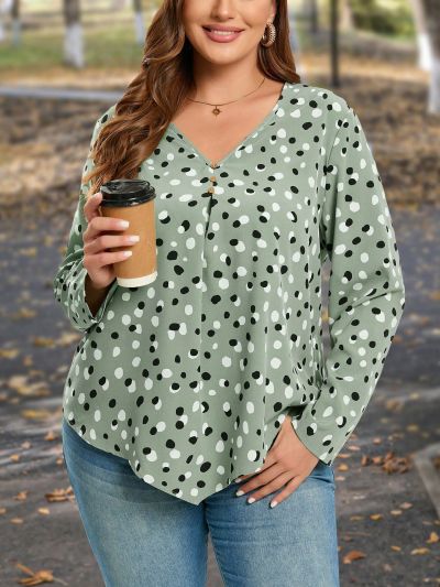 SHEIN LUNE Plus Size Full Printed V-Neck Long Sleeve Shirt