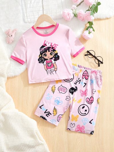 SHEIN Tween Girls' Knitted Graphic Print Round Neck T-Shirt And Knitted Tight Shorts Home Clothes Set