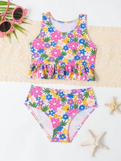 Toddler Girls' Two Piece Swimsuit Set With Floral Print And Ruffle Hem
