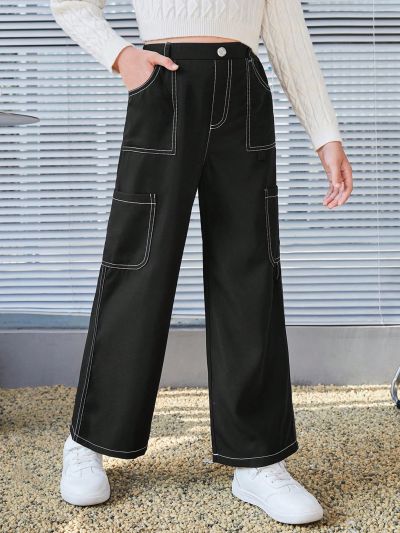 SHEIN Kids KDOMO Tween Girls' Loose Academy Style Woven Color-Block Drawstring Wide Leg Pants With Multi Pockets