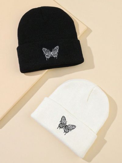 Rat Studio 2pcs Street Style Butterfly Embroidery Knitted Beanie Hat