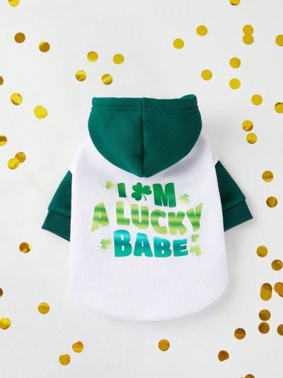 PETSIN Pet Saint Patrick's Day Slogan Printed Hooded Sweatshirt With Green & White Patchwork