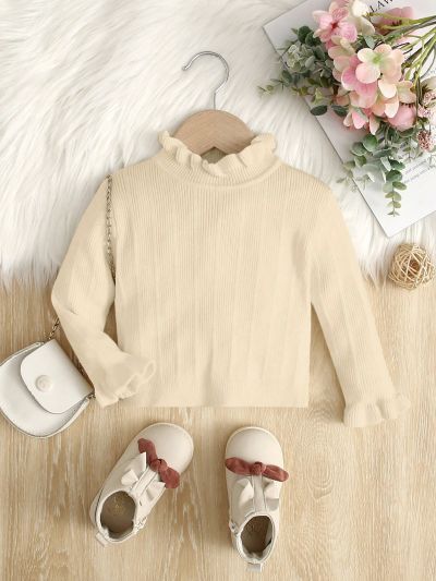 SHEIN Infant Girls' Long-sleeve Stand Collar Pullover Sweater With Cute Ruffled Trim