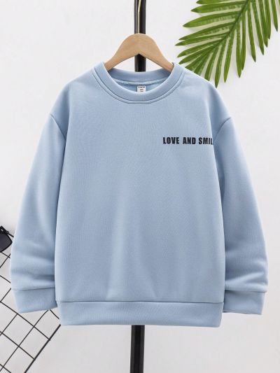 SHEIN Boys' Thickened Warm Leisure Autumn/Winter Solid Color Letter Printed Sweatshirt, Winter